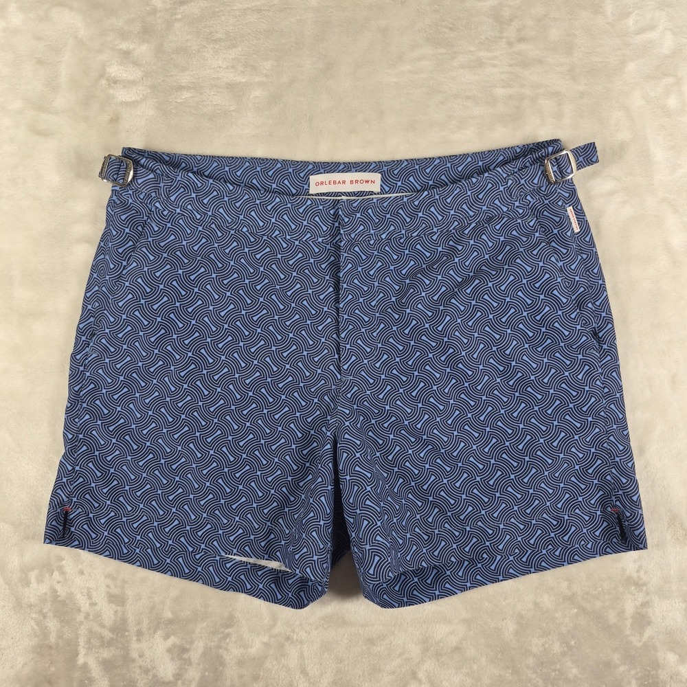 Orlebar Brown Swim Shorts Men's 32 Blue Lined Beach Setter Trunks Geometric
